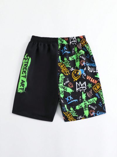 Teen Boys' Letter & Cartoon & Face Printed Beach Shorts