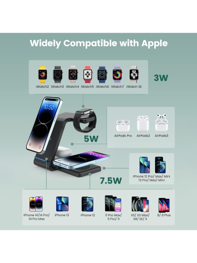Charging Station for Multiple Devices Apple, 4 in 1 Wireless Charger Station, with Qi-Certified 30W Charging Dock for Apple Watch 7 6 SE 5 4 3, iPhone 14 13 12 11 Pro, Pro Max, Mini, AirPods Pro 3, 2