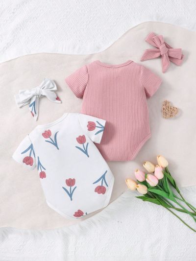 SHEIN Baby Girl'S Cute Basic Two Color Combination Jumpsuit Set With Lovely Hairband, Homewear
