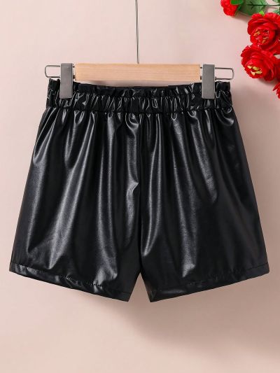SHEIN Kids EVRYDAY Tween Girl Black PU Mid-waisted Short