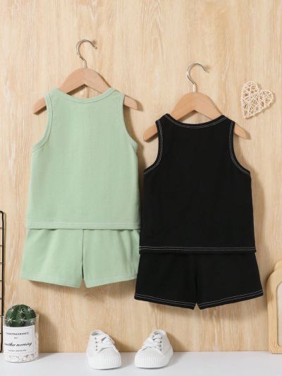 SHEIN 4pcs Baby Boy Casual Holiday Sleeveless Top & Shorts Set With Cute Face Pattern