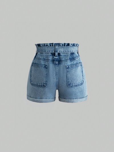 Tween Girls' Casual Vacation Style Mid Blue Washed Comfortable Elastic Waist Flower Detail Paperbag Denim Shorts With Folded Hem