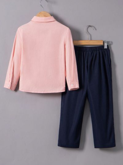 SHEIN Kids FANZEY Boy'S Fitted Butterfly Tie Long-Sleeved Shirt And Trousers Two-Piece Gentleman'S Suit