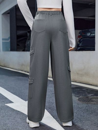 SHEIN Teen Girls' Wide Leg Jeans With Flap & Side Pockets