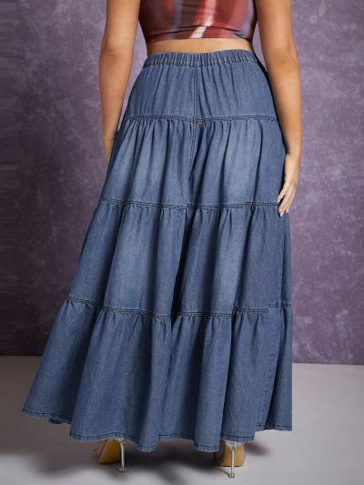 Nature Denim Plus High Waist Ruffle Hem Denim Skirt