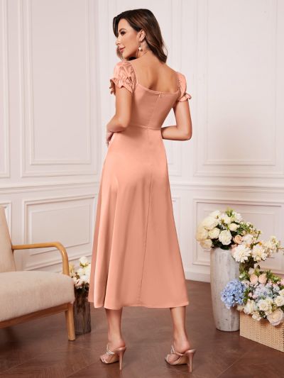 Ruched Bust Puff Sleeve Satin Bridesmaid Dress