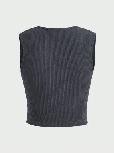 SHEIN Teen Girl's Knitted Jacquard Round Neck Solid Color Casual Vest