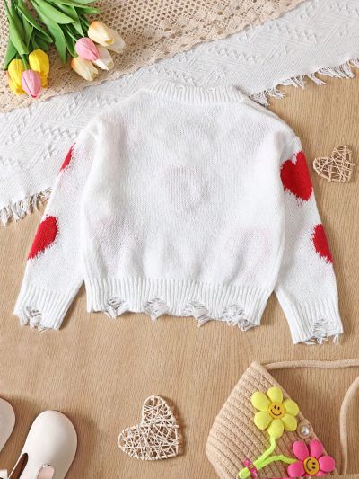 Young Girls' Heart Pattern Distressed Hem Sweater