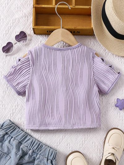 SHEIN Kids EVRYDAY Young Girls' Casual Light Purple Wave Pattern T-Shirt