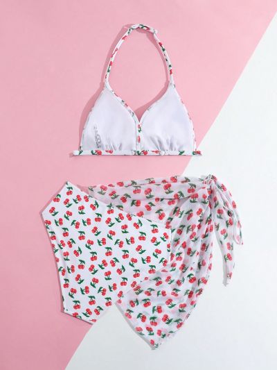 Teen Girl Cherry Print Halter Neck Bikini Set With Separated Design