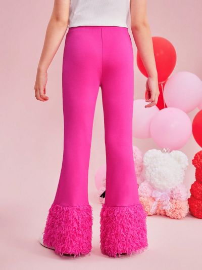 SHEIN Kids CHARMNG Tween Girls' Stretchy Flared Pants With Knit Patchwork And Furry Material, Elastic High Waist