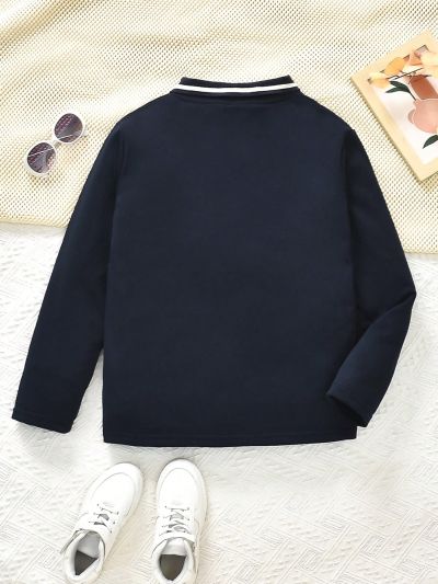 SHEIN Boys' Casual Button-front Navy Blue Polo Shirt For Big Kids