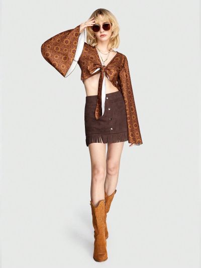 ROMWE Hippie Women'S Fringed Asymmetric Hem Skirt With Single-Row Buckle