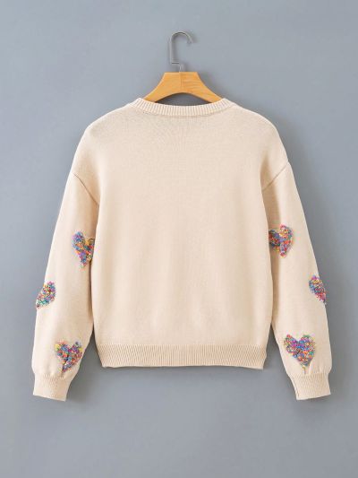 Teen Girls' Heart Pattern Drop Shoulder Sweater