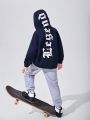 SHEIN Boys' Casual Loose Fit Hooded Pullover Sweatshirt With Letter Print, For Kids
