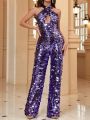 SHEIN Belle Sparkly Party Jumpsuit With Crossed Shoulder Straps, Front Hollow Out Detail And Back Tie