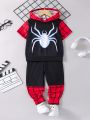 SHEIN Young Boy Spider Printed Short Sleeve Hoodie And Pants Set With Backpack, Summer