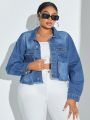 SHEIN SXY Plus Size Short Denim Jacket With Zipper & Pocket Design And Fringe Hem