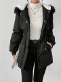 SHEIN Frenchy Women's Black Zipper & Button Closure Mid-length Padded Coat