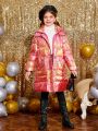 SHEIN Kids SPRTY Tween Girl Holographic Slant Pocket Hooded Puffer Coat