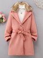SHEIN Kids QTFun Girls' (big) Solid Color Wool Coat With Suit Collar And Fur Collar