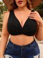 SHEIN Swim Basics Plus Size Solid Color Cross Detail Swimwear Top