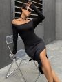 Solid Color Bodycon Off Shoulder Slit Dress