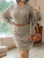 SHEIN Privé Plus Size Pearl Stud Embellished Knit Sweater Dress (belt Not Included)