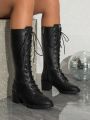 Women's Fashionable Vintage Style High-top Knight Boots With Chunky Heels, Thick Soles, Side Zipper And Buckles