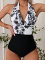 SHEIN Swim Summer Beach Tropical Print Ruched Halter One Piece Swimsuit