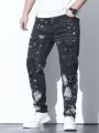 Men Plus Splash Ink Print Ripped Frayed Jeans