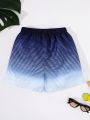SHEIN Tween Boys' Casual Vacation Ombre Stripe & Print Swim Trunks With Loose Fit