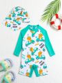 Baby Boy Dinosaur Printed One-Piece Swimsuit With Hat