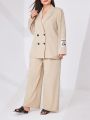 SHEIN Mulvari Plus Size Women's Letter Detail Houndstooth Blazer And Pants Set