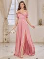 SHEIN Belle Adult Bridesmaid Dress With Spaghetti Straps, Off Shoulder Design, Sparkly Sequin Accents, Front Criss-Cross Pleating And High Side Slits