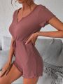 Notched Neckline Lettuce Trim Knot Front Sleep Romper