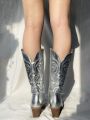 Women's Embroidery Design Anti-slip Thick Heel Cowboy Boots With Pointed Toe, Fashionable Side Zipper Outdoor Boots For Parties And Holidays In Spring And Autumn