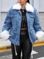 SHEIN ICON Plus Size Fuzzy Collar & Cuff Denim Jacket