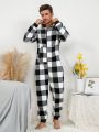 Men Buffalo Plaid Print Hooded Flannel Sleep Onesie