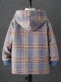 SHEIN Kids Academe Tween Boy 1pc Plaid Dual Pocket Contrast Teddy Hooded Overcoat