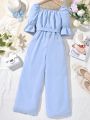 SHEIN Kids EVRYDAY Girls Square Neck Flounce Sleeve Belted Jumpsuit
