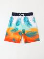 Boys' Feather Printed Drawstring Waist Swim Trunk Beach Shorts, For Teenagers