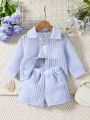 Baby Girl Long Sleeve Button-Up Shirt And Camisole Top With Elastic Waist Shorts Set