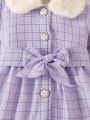 Infant Girls' Purple Plaid Coat With Bow And Collar, Party Outfits For Autumn/winter