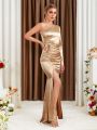 One Shoulder Ruched Split Thigh Satin Bridesmaid Dress