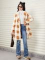 SHEIN Girls' Plaid Fluffy Jacket