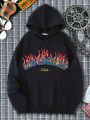 Men's Flame & Letter Print Kangaroo Pocket Fleece Lined Hoodie