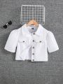 SHEIN Girls Cropped Puff Sleeve Button-Front Flap Pocket White Denim Jeans Jacket,Kids Spring Summer Vacation Clothes