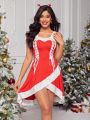 Lace Up Front Ruffle Trim Christmas Costume Dress With Thong