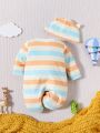Baby Boy Striped & Cartoon Graphic Button Front Jumpsuit & Hat PJ Set